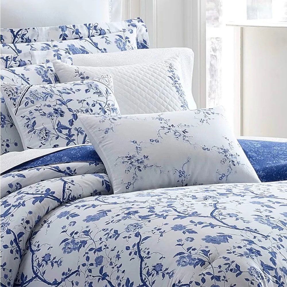 Laura Ashley Charlotte Blue Cotton Duvet Cover Set Blue - Queen- 3 Piece
